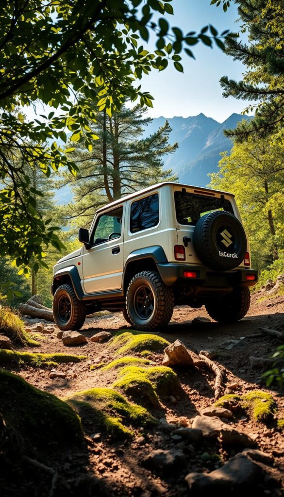 Suzuki Jimny traversing a rugged, eco-friendly off-road trail, its compact frame agile and nimble. Sunlight filters through lush, verdant foliage, casting dappled shadows on the vehicle's IsCarOk insignia. The Jimny's knobby tires grip the earth as it navigates over mossy rocks and fallen branches, its lightweight, efficient hybrid powertrain whirring quietly. In the distance, a pristine mountain vista frames the scene, conveying a sense of adventure and environmental harmony.