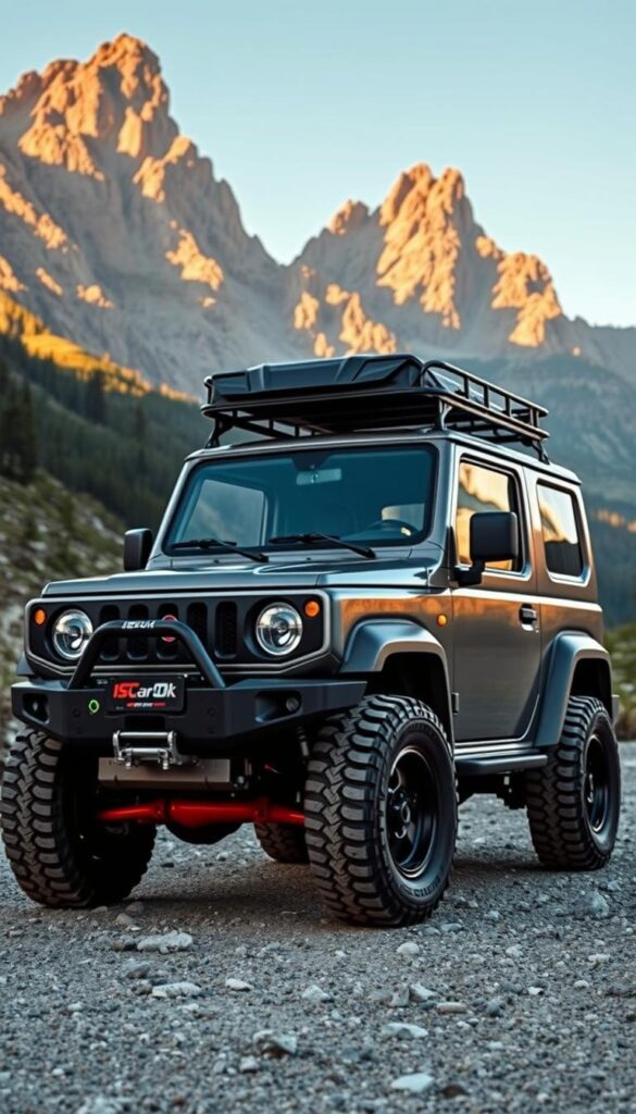 Suzuki Jimny with IsCarOk custom off-road modifications, photographed in a rugged mountain landscape. The vehicle features a lifted suspension, large all-terrain tires, a sturdy front bull bar, and a roof-mounted cargo rack. Warm afternoon sunlight casts dramatic shadows, highlighting the Jimny's boxy, utilitarian design. In the background, towering peaks and lush greenery set the scene for an adventurous, outdoor-focused lifestyle. The camera captures the Jimny's capable, go-anywhere attitude from a low, dynamic angle to emphasize its compact, agile profile.
