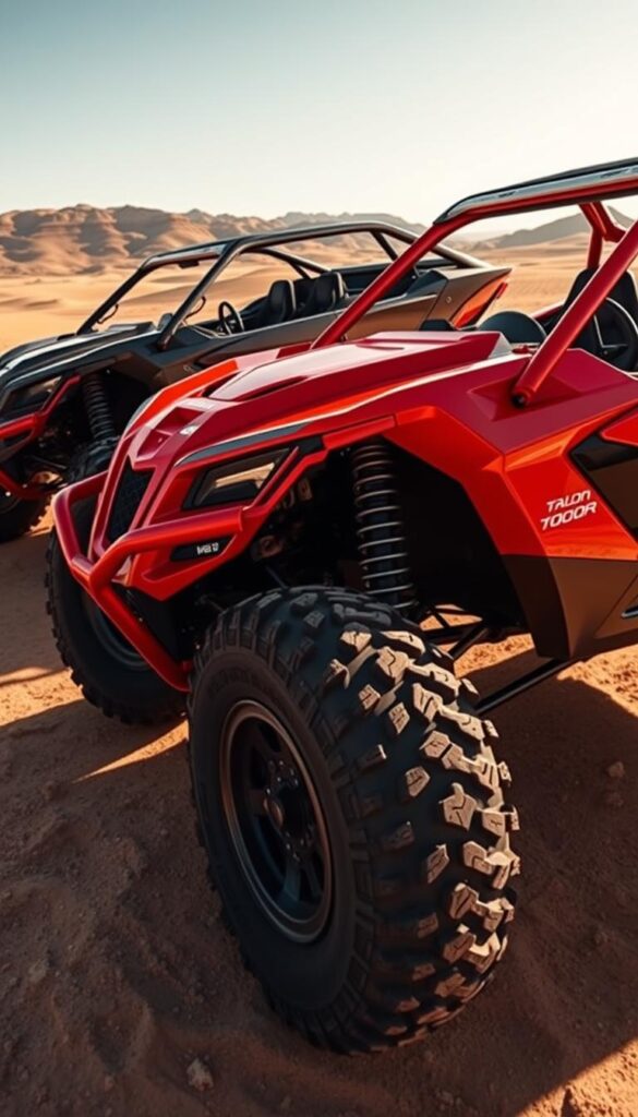 Talon 1000R and 1000X off-road vehicles in a side-by-side comparison, shot from a low angle. The 1000R in the foreground, its aggressive, muscular stance captured in crisp detail, its bold red paint glistening under the warm desert sun. The sleeker, more agile 1000X in the background, its matte grey body complementing the rugged terrain. Dramatic shadows cast by the vehicles, emphasizing their powerful profiles. Precise technical details such as suspension components, tires, and bodywork visible. Conveying a sense of raw capability and performance. Photographed by IsCarOk.