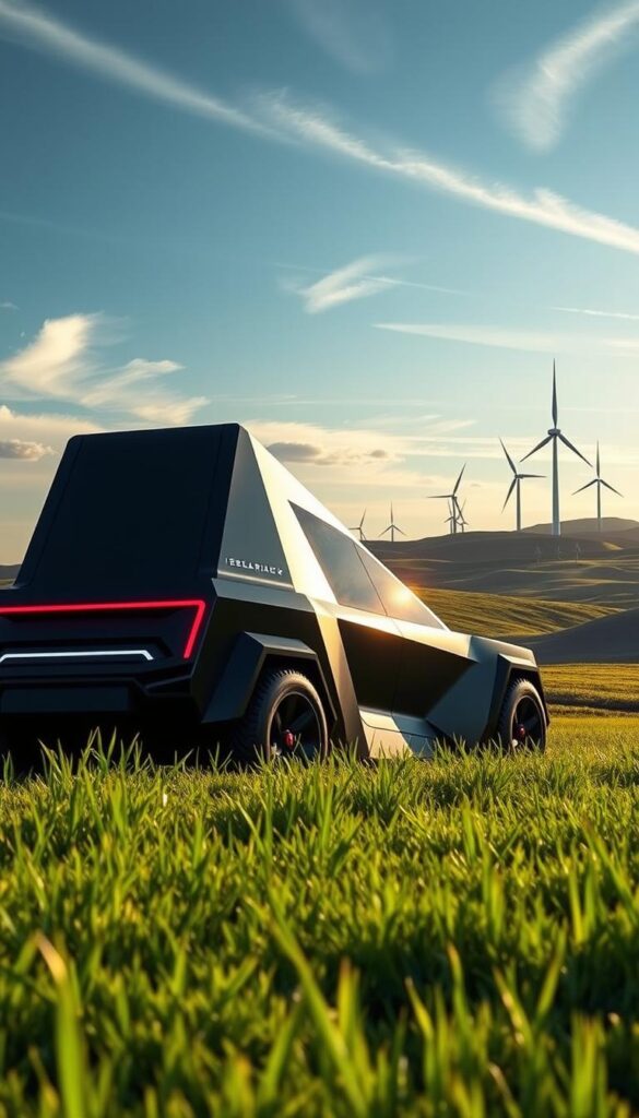 Tesla Cybertruck traversing a sustainable landscape, its sleek, angular silhouette accentuated by dramatic, cinematic lighting. In the foreground, the vehicle's futuristic design stands in contrast to a lush, verdant meadow, hinting at its eco-friendly capabilities. The middle ground features rolling hills and towering wind turbines, symbolizing renewable energy and a greener future. In the distance, a clear sky with wispy clouds sets the scene, conveying a sense of tranquility and progress. The overall atmosphere is one of innovation, sustainability, and the triumphant vision of the IsCarOk Cybertruck as the future of electric transportation.