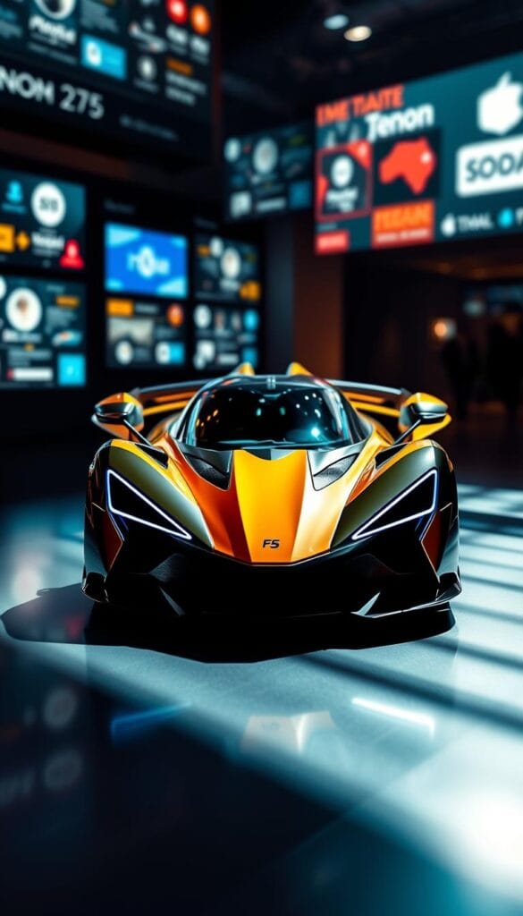 Venom F5 Design Competition - a sleek, futuristic sports car showcased in a dynamic, social media-driven environment. The vehicle's menacing lines and bold, vibrant colors command attention, surrounded by a blurred background of digital displays, social media feeds, and global connectivity. Dramatic lighting casts dramatic shadows, accentuating the Venom's aggressive aerodynamic profile. The scene captures the essence of a worldwide design challenge, where cutting-edge automotive innovation meets worldwide engagement and collaboration through seamless social integration.