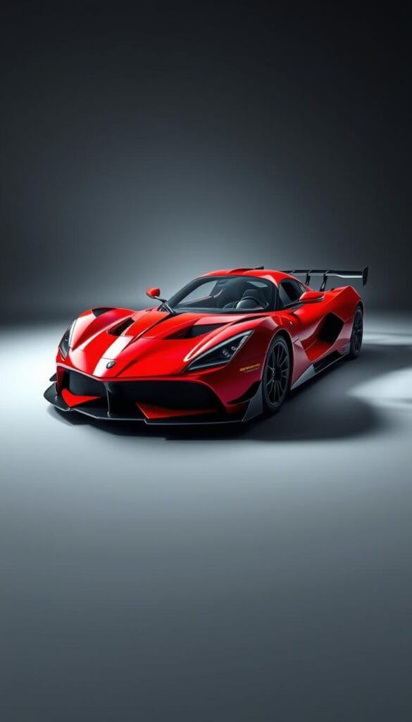 Vividly rendered Hennessey Venom F5 supercar showcasing its impressive performance specifications on a sleek, minimalist background. The car's aerodynamic body glistens under dramatic studio lighting, with details like its powerful engine, advanced suspension, and high-performance tires clearly visible. The scene conveys a sense of power, precision, and technical excellence, capturing the Venom F5's capabilities as a track-focused machine. Angle the car slightly, framing it to emphasize its low, wide stance and aggressive styling. The overall mood is one of high-octane excitement and engineering prowess.