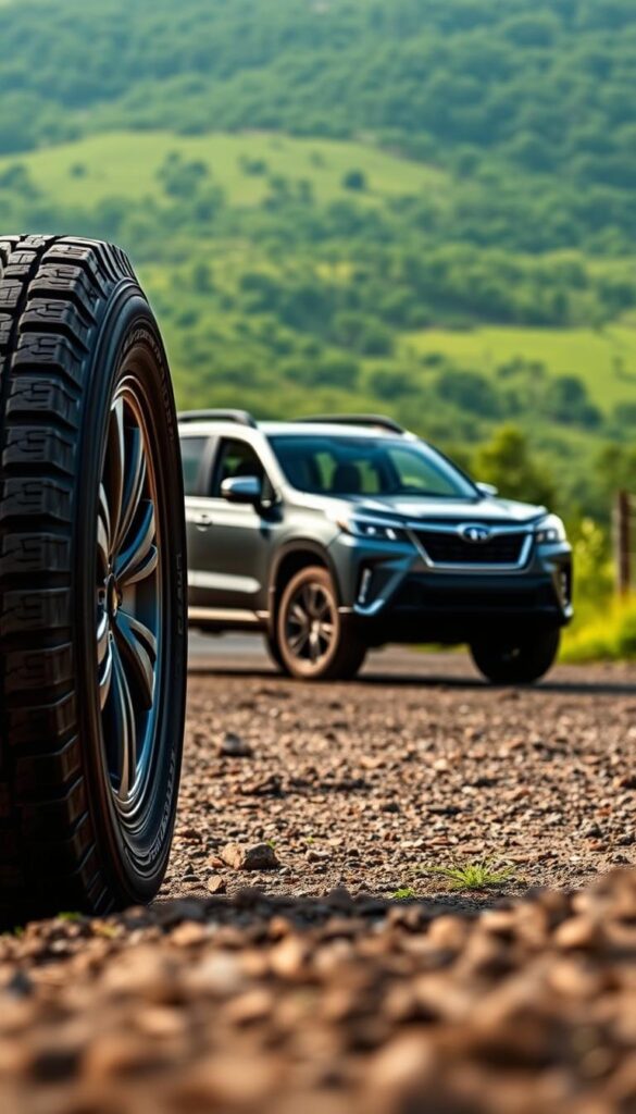 Yokohama Geolandar All-Terrain Tires for Subaru Forester, a high-quality all-season tire designed to conquer any terrain. In the foreground, the tires stand tall, their robust treads ready to grip the earth. The middle ground features the Subaru Forester, its sturdy frame and rugged design complementing the wheels. In the background, a lush, verdant landscape sets the scene, conveying the adventurous spirit of the Forester and its capabilities. Soft, natural lighting illuminates the scene, capturing the tires' durable construction and the vehicle's off-road prowess. Photographed with a wide-angle lens to showcase the tires' impressive size and the Forester's overall presence. The overall mood is one of confidence, reliability, and a sense of exploration. IsCarOk