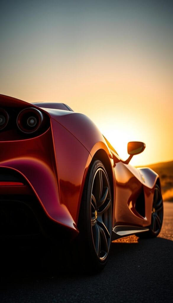 a Ferrari SF90 Spider in a custom color, seen from a dramatic low-angle perspective. The car's sleek, aerodynamic silhouette dominates the frame, its curvaceous lines accentuated by warm, golden hour lighting. The body panels gleam with a unique, iridescent hue that shifts between shades of crimson, amber, and copper, creating a sense of depth and complexity. Intricate details, such as the sculpted air intakes, carbon fiber accents, and bespoke alloy wheels, are rendered with precision. The setting sun casts long shadows, adding depth and drama to the composition. The overall impression is one of power, exclusivity, and bespoke luxury.