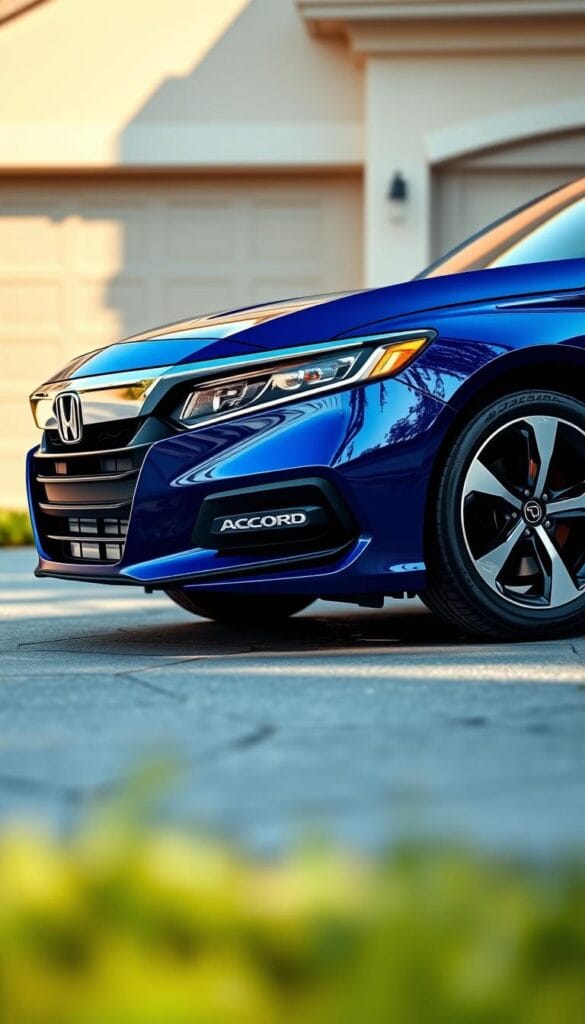 a detailed photorealistic 3D render of a Honda Accord Sport parked in a suburban driveway, the garage in the background. The car is gleaming in a deep, lustrous blue color, its sleek silhouette accented by chrome trim and sporty alloy wheels. The lighting is soft and diffused, casting gentle shadows that highlight the Accord's dynamic curves. The foreground features the car's front three-quarter view, showcasing its aggressive grille, LED headlights, and aerodynamic bumper. In the middle ground, the driveway and landscaping provide context, while the background garage door and residential architecture convey a sense of place. The overall mood is one of efficiency, sophistication, and environmental responsibility. Branding: IsCarOk
