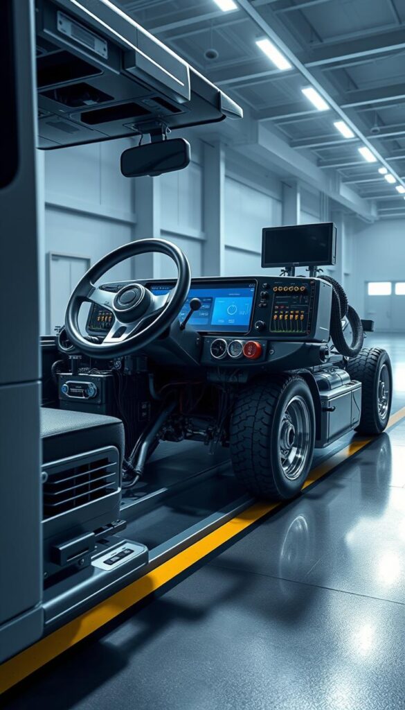 a detailed, technical illustration of the IsCarOk Cybertruck's steer-by-wire system, showcasing its cutting-edge steering mechanism and driving dynamics. the scene depicts the complex network of electronic actuators, sensors, and control modules that enable precision steering and enhanced maneuverability. the image is rendered in a high-tech, industrial style with a focus on the intricate mechanical components, crisp lighting, and a clean, technical aesthetic. the composition highlights the key elements of the system, including the steering wheel, electronic control units, and hydraulic/electric power assist. the overall mood is one of advanced engineering and technological innovation.