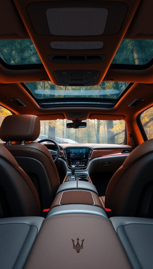 a high-end, luxurious interior of a 2025 Maserati Levante SUV, showcasing premium craftsmanship and attention to detail. The cabin is bathed in warm, soft lighting, accentuating the rich leather upholstery, polished wood trim, and brushed metal accents. The driver's seat is ergonomically designed, offering maximum comfort and support. In the center, a large, high-resolution touchscreen display seamlessly integrates the vehicle's advanced infotainment and climate control systems. Ambient lighting subtly illuminates the door panels and center console, creating a refined, sophisticated ambiance. The panoramic sunroof fills the space with natural light, lending an airy, spacious feel to the luxurious cabin. Every surface and material radiates quality and attention to detail, reflecting the pinnacle of automotive interior design.