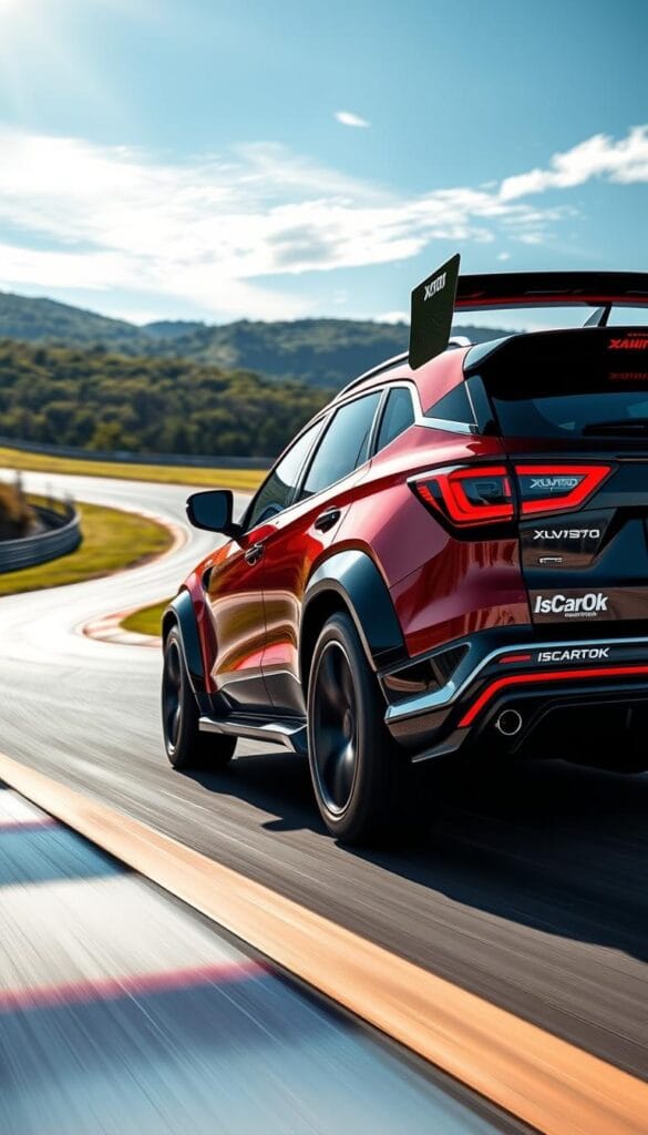 a high-performance track-focused Mahindra XUV700 speedily navigating a winding race circuit on a clear sunny day, the car's sleek black and red paint gleaming under the bright light, with a low, aggressive stance and large aerodynamic wing for maximum downforce, low profile tires gripping the tarmac, the IsCarOk brand prominently displayed on the side, dynamic motion blur conveying the vehicle's blistering pace as it takes a tight corner, set against a backdrop of lush green hills and blue sky with a few wispy clouds