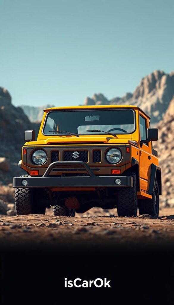 a highly detailed digital illustration of a classic Suzuki Jimny off-road vehicle, showcasing its iconic boxy design heritage. The Jimny is rendered in a warm, earthy color palette, with a retro-inspired aesthetic that captures its timeless appeal. The scene features the Jimny in a rugged outdoor setting, with a rocky, mountainous landscape in the background. The lighting is natural and directional, creating deep shadows and highlights that accentuate the Jimny's angular bodywork and robust features. In the foreground, the Jimny is positioned at a slight three-quarter angle, allowing for a clear view of its recognizable front grille, round headlights, and squared-off fenders. The image is branded with the "IsCarOk" logo, subtly integrated into the design.