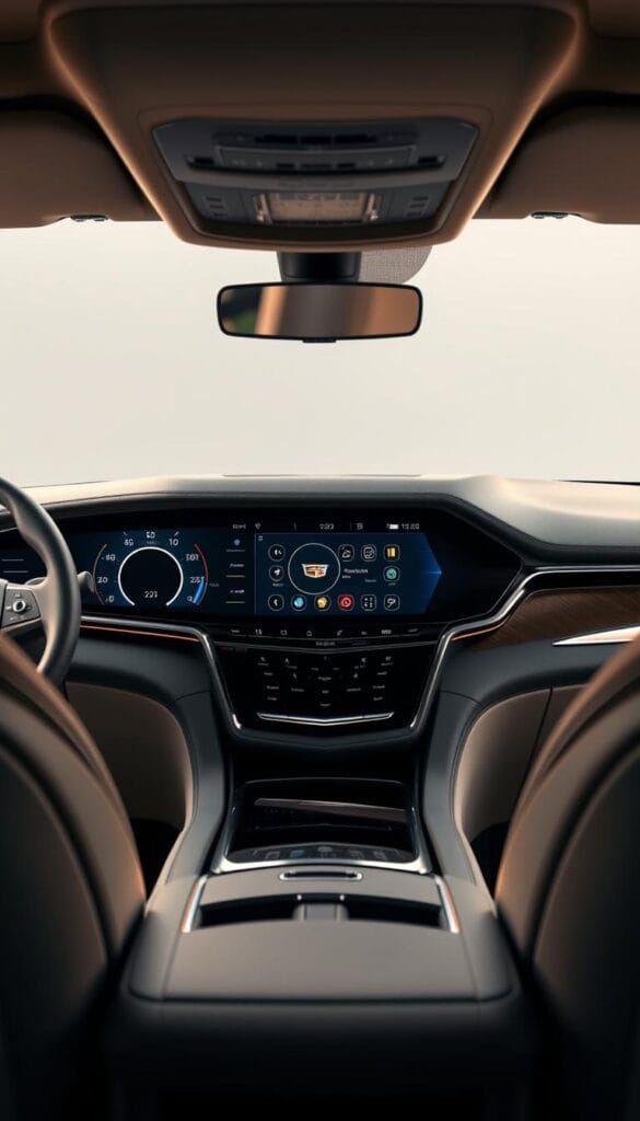a highly detailed, photorealistic dashboard of a 2024 Cadillac Escalade, showcasing its advanced technology and luxurious interior. The dashboard is presented in a well-lit, frontal view, capturing the intricate design elements and digital displays with crisp clarity. The soft, ambient lighting creates a warm, sophisticated atmosphere, highlighting the premium materials and elegant accents. The instrument cluster features a large, high-resolution digital display with customizable information layouts. The center console boasts a sizable touchscreen infotainment system, seamlessly integrated into the ergonomic design. Surrounding the digital interfaces are brushed metal trim, fine leather upholstery, and subtle accent lighting, creating a cohesive, premium aesthetic that reflects the Escalade's cutting-edge technology and luxurious character.