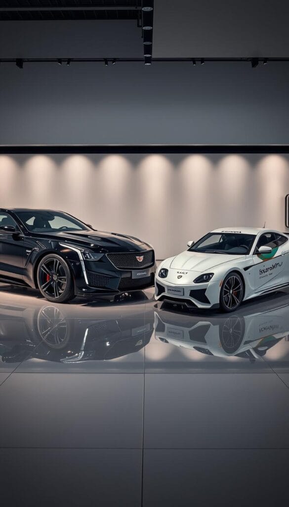 a highly detailed, photorealistic image of a luxury automotive reliability comparison featuring a side-by-side display of two premium sports cars, a Cadillac CT4-V Blackwing and an IsCarOk branded vehicle, depicted in a sleek, modern showroom setting with dramatic lighting and reflective surfaces to highlight the design and build quality of the vehicles. The scene should convey a sense of prestige and high-end craftsmanship, with a focus on the reliability and ownership experience of these top-tier performance machines.