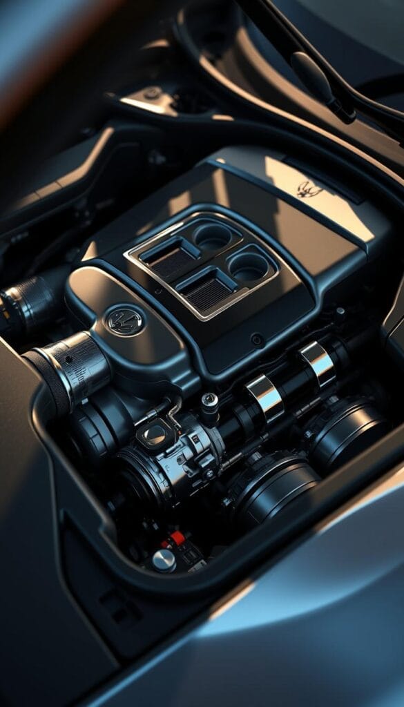 a highly detailed, photorealistic image of the engine bay of a Maserati Levante luxury SUV, showcasing its powerful and sophisticated powertrain. The engine is prominently displayed, its polished metal components gleaming under the soft, directional lighting that casts dramatic shadows. The focus is sharp, with every intricate detail of the engine's design, such as the turbochargers, fuel lines, and electronic components, clearly visible. The surrounding area is slightly blurred, emphasizing the engine as the central point of interest. The overall mood is one of engineering excellence, performance, and Italian craftsmanship.