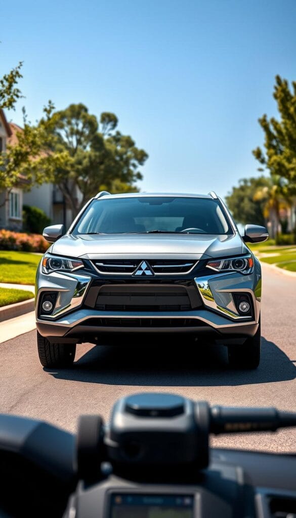 a highly detailed, photorealistic image of the latest Mitsubishi ASX SUV, showcasing its advanced safety features and driver assistance systems. The vehicle is positioned in the center of the frame, gleaming under natural sunlight with a crisp, clean exterior. The camera is angled slightly above the SUV, capturing its muscular, aerodynamic profile. In the foreground, the vehicle's high-tech sensors, cameras, and radar systems are visible, highlighting the cutting-edge safety technology integrated into the design. The background features a picturesque suburban setting, with well-manicured lawns, trees, and a clear blue sky, creating a serene and inviting atmosphere. The overall scene conveys a sense of confidence, security, and the seamless integration of advanced safety features into a modern, premium SUV.