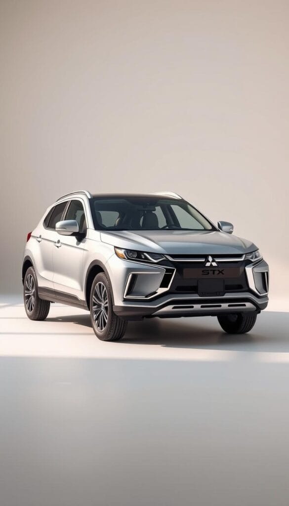 a highly detailed photorealistic render of a 2024 Mitsubishi ASX SUV in a sleek, metallic silver color, showcasing its fuel efficiency and environmental performance. The car is placed in a clean, minimalist studio setting with soft, natural lighting from the side and above, highlighting the vehicle's aerodynamic design and precision engineering. The frame focuses on the front three-quarter view, capturing the distinct Mitsubishi grille, slim LED headlights, and sculpted front bumper. The smooth, flowing lines of the body panels convey a sense of efficiency and eco-friendliness. The wheels are aerodynamically optimized, and the tires have low-rolling resistance. The interior is visible through the windows, hinting at the advanced technologies and sustainable materials used throughout the cabin.