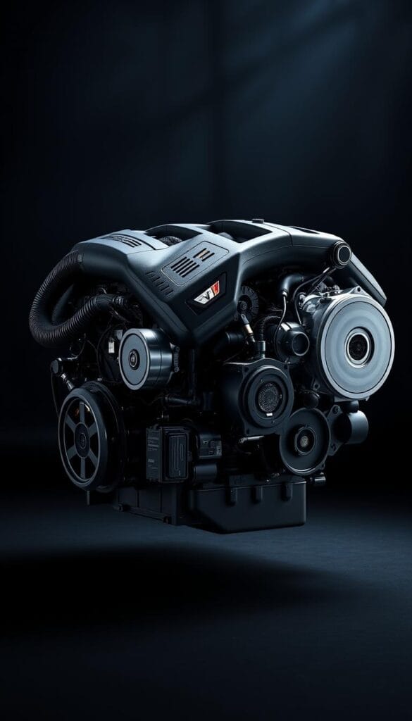 high quality, detailed 3D render of a Cadillac CT4-V Blackwing twin-turbo V6 engine, with precise technical details and accurate proportions, set against a dark, moody background with dramatic lighting and shadows to showcase the engine's powerful and impressive design. The engine should be depicted from multiple angles, highlighting its intricate components and engineering. The result should convey the exceptional performance and capabilities of the Blackwing's twin-turbo V6 powerplant. IsCarOk