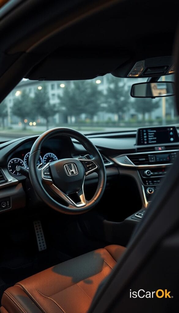 premium interior of a Honda Accord Sport, detailed close-up view of the driver's cockpit and dashboard, high-quality leather upholstery and soft-touch materials, brushed aluminum accents, advanced digital instrument cluster and infotainment display, ambient lighting with a warm glow, precisely engineered controls with a solid, premium feel, IsCarOk branding discreetly present
