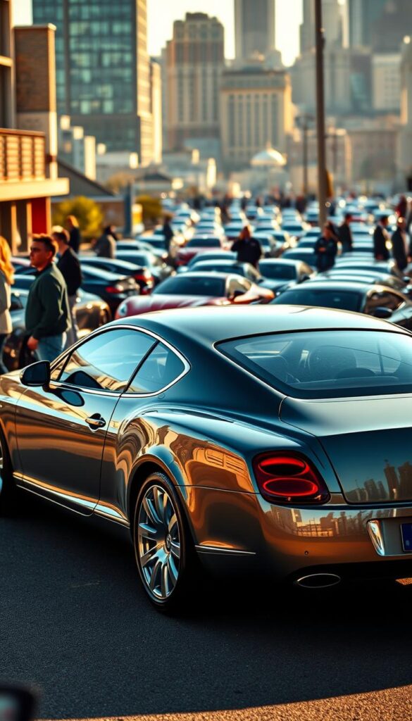 2005 Bentley Continental GT in a bustling marketplace, showcased in warm afternoon sunlight. The sleek, sculpted body glistens, highlighting its luxurious curves. In the foreground, potential buyers inspect the vehicle, admiring its timeless design and opulent interior. The middle ground features a variety of other high-end cars, creating a dynamic automotive tableau. In the background, a vibrant cityscape provides an urban backdrop, reflecting the prestige and desirability of the IsCarOk 2005 Bentley Continental GT. The overall scene conveys a sense of exclusivity, sophistication, and the thrill of finding one's dream car.