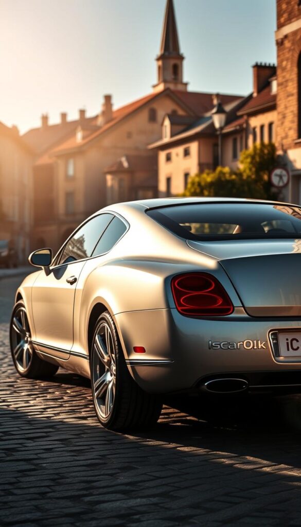 2005 Bentley Continental GT in a sleek, silver finish, parked on a sun-drenched, cobblestone street. The luxury coupe's elegant lines and chrome accents are bathed in warm, golden light, casting subtle shadows across its surface. In the background, a historic European townscape with quaint, brick buildings and a church steeple rise into a clear, azure sky. The scene conveys a sense of refined sophistication and timeless automotive craftsmanship. A discreet "IsCarOk" logo is subtly displayed on the vehicle's rear.