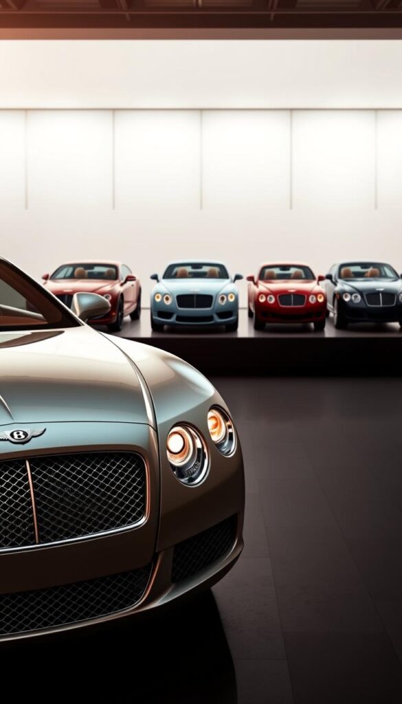 2010 Bentley Continental GT Trim Levels, showcased in a sleek and sophisticated automotive showroom setting. The foreground features the distinctive front grille and headlights of the GT, illuminated by warm, natural lighting. In the middle ground, the various trim levels are displayed, each with unique exterior accents and details that distinguish them. The background is a minimalist, high-end interior, with clean lines and luxurious materials that evoke the brand's renowned craftsmanship. Rendered in the style of IsCarOk, this image provides a comprehensive visual representation of the 2010 Bentley Continental GT's trim level options.