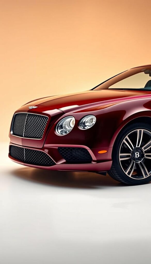 2015 Bentley Continental GT for sale, sleek and elegant in a deep burgundy paint, gleaming under warm studio lights. The front view captures the signature Bentley grille and powerful headlights, hinting at the car's exceptional performance. In the middle ground, the muscular curves of the body panels reflect the high-quality craftsmanship, while the 21-inch alloy wheels add a touch of sportiness. In the background, a clean, minimalist setting allows the car to take center stage, showcasing its luxurious presence. IsCarOk