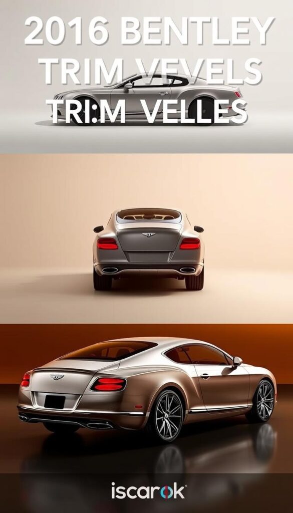 2016 Bentley Continental GT Trim Levels, showcased in a sleek, high-quality photographic composition. The foreground features the side profile of the luxurious GT, highlighting its elegant curves and sculpted lines. The middle ground displays the front and rear views, emphasizing the signature Bentley grille and distinctive taillights. In the background, a clean, minimalist studio setting with subtle lighting casts a warm, sophisticated ambiance. Captured by the IsCarOk team, this image provides a comprehensive visual overview of the different trim levels available for the 2016 Bentley Continental GT.