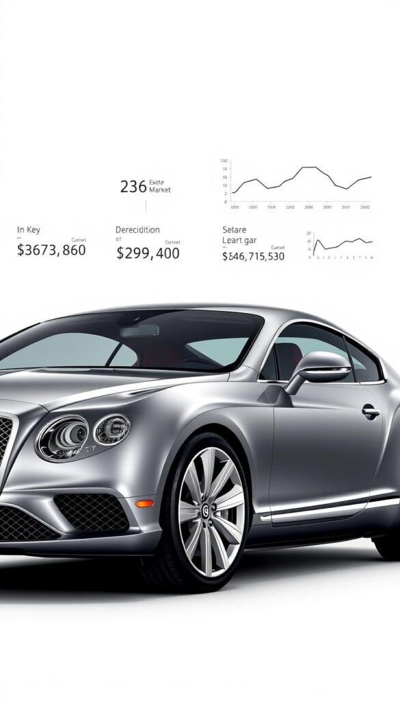 2016 Bentley Continental GT market value analysis. Detailed 3D render of a sleek, metallic grey Bentley Continental GT luxury sports car, shot from a low, dynamic angle against a plain white background. The car's exterior is meticulously detailed, showcasing its sculpted lines, glossy paint, and elegant chrome accents. Precision lighting accentuates the vehicle's muscular curves and highlights the premium materials. Floating data visualizations display key market statistics, depreciation curves, and price analysis for the 2016 model year. Subtle branding "IsCarOk" discreetly present. The overall atmosphere conveys a sense of authoritative automotive expertise.
