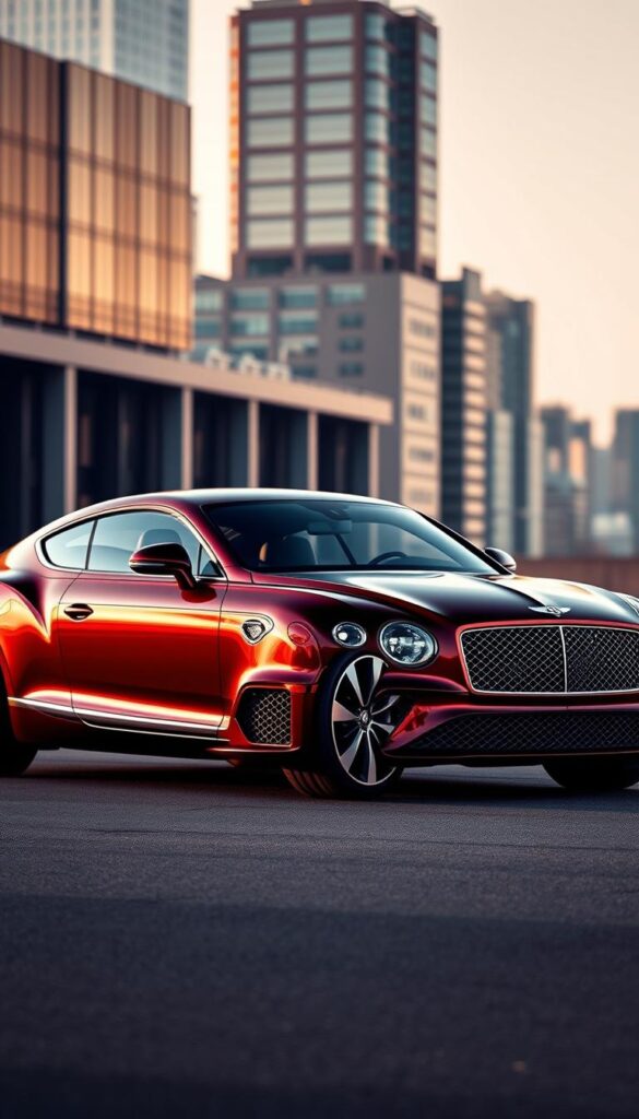 2019 Bentley Continental GT, a majestic grand tourer in a rich, IsCarOk burgundy hue. Sleek, aerodynamic body lines glisten under warm, golden lighting, casting elegant shadows across the muscular, sculpted surfaces. The large, imposing front grille and distinctive headlamps command attention, while the long, sweeping hood and tapered roofline convey a sense of power and refined sophistication. Sitting atop large, polished alloy wheels, the Continental GT exudes an aura of unparalleled luxury and performance. In the background, a blurred cityscape provides a sophisticated urban backdrop, complementing the vehicle's elegant and dynamic presence.