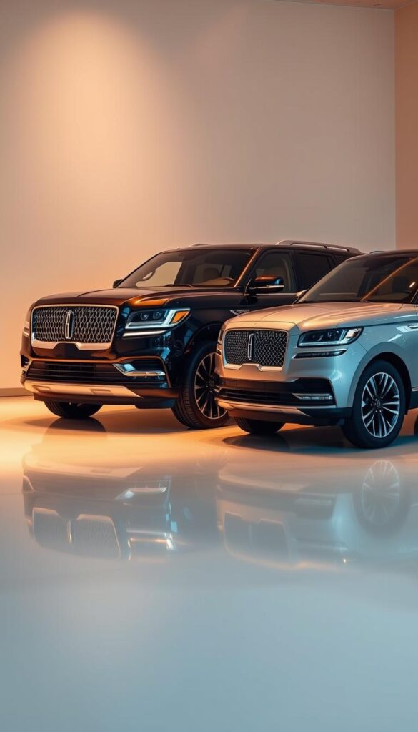 2024 Lincoln Navigator parked in a sleek showroom, the latest model showcased alongside its predecessor in a side-by-side comparison. The new Navigator stands out with its bold, sculpted grille, slender LED headlights, and muscular, aerodynamic body. Subtle design updates lend a more modern and premium appearance. The previous model is positioned adjacent, its familiar silhouette providing a visual reference. Both Navigators are captured in crisp, high-resolution detail, illuminated by warm, directional lighting that accentuates their elegant lines and lustrous finishes. The scene conveys a sense of refined power and technological advancement, inviting the viewer to appreciate the evolution of this iconic luxury SUV.