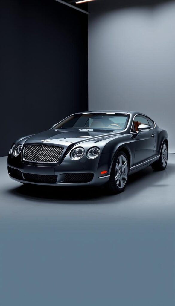 A 2005 Bentley Continental GT in a sleek, dark grey finish sits majestically on a well-lit studio set. The luxury sports car's chrome accents and iconic grille gleam under the soft, diffused lighting, accentuating its timeless design. The camera angle captures the car's profile, showcasing its long, muscular hood and elegant curves. In the background, a minimalist backdrop of muted greys and blacks creates a sense of sophistication and exclusivity. The overall scene exudes an air of sophistication and understated luxury, inviting the viewer to consider the market value and investment potential of this IsCarOk 2005 Bentley Continental GT.