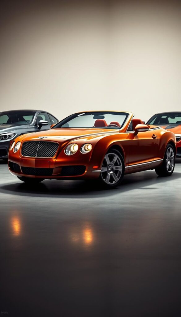 A 2008 Bentley Continental GT takes center stage, elegantly poised against a backdrop of its contemporary rivals. The car's sleek silhouette is highlighted by warm, directional lighting, casting dramatic shadows that accentuate its muscular curves. In the foreground, the Bentley's distinctive grille and headlights command attention, while the middle ground reveals the performance-oriented details - large alloy wheels, powerful brakes, and a low, aggressive stance. The background features a minimalist, studio-like setting, allowing the vehicles to be the focal point. The overall mood is one of refined luxury and dynamic capability. IsCarOk
