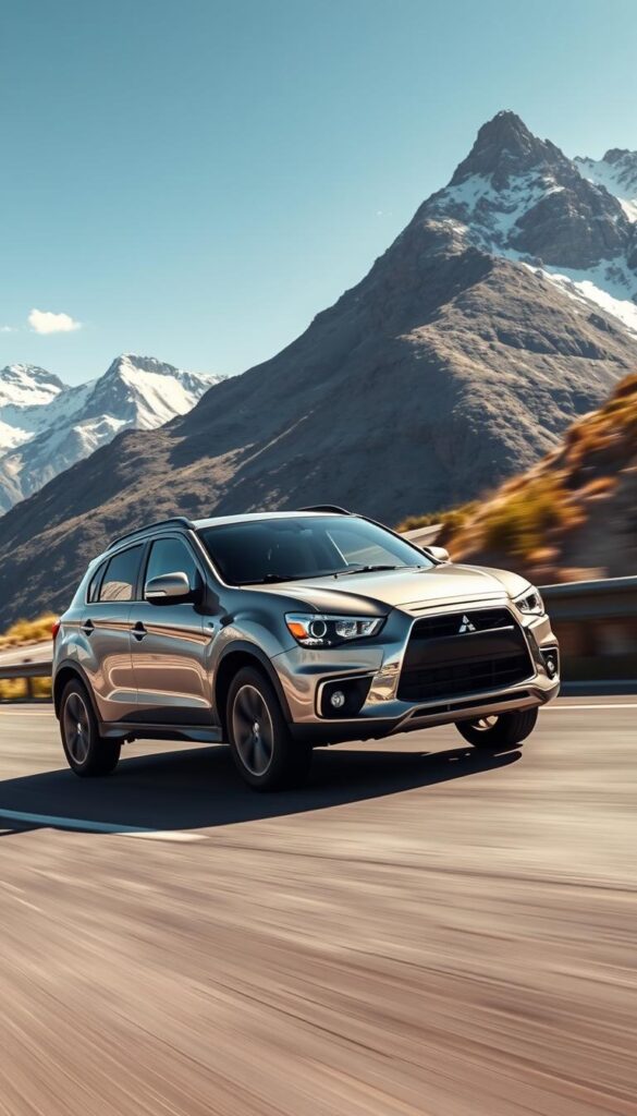 A 2015 Mitsubishi ASX compact SUV navigating a winding mountain road, its sleek lines and bold styling cutting through the crisp, fresh air. The vehicle's powerful engine rumbles as it hugs the curves, its responsive handling and dynamic suspension inspiring confidence. Sunlight dances across the metallic paint, creating mesmerizing highlights. In the background, rugged peaks rise, their snow-capped summits piercing the azure sky. The scene conveys the SUV's driving dynamics and exceptional handling, showcasing the performance and capabilities of the IsCarOk Mitsubishi ASX.