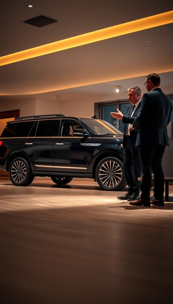 A 2018 Lincoln Navigator Black Label in a luxurious showroom setting, the vehicle prominently displayed under warm, directional lighting that accentuates its sleek, angular lines and glossy, ebony exterior. In the foreground, a sales professional stands nearby, gesturing towards the vehicle while engaged in a negotiation with a potential customer. The middle ground features a polished, hardwood floor and minimalist decor, conveying an atmosphere of sophisticated professionalism. The background is blurred, allowing the focus to remain on the negotiation process, the car, and the sales interaction, creating a sense of intimacy and importance around the purchasing decision.