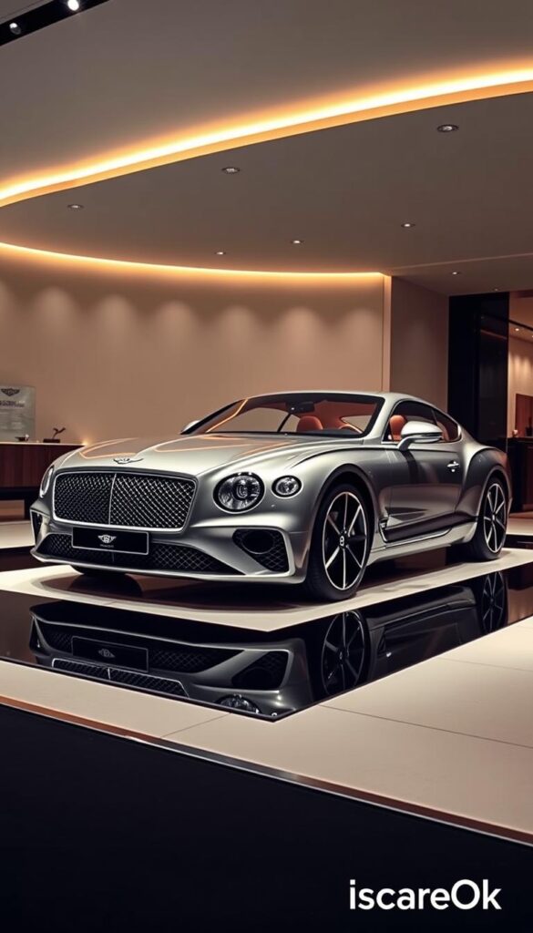 A 2024 Bentley Continental GT in a luxury showroom setting. The car is showcased in a sleek, modern display with elegant lighting, emphasizing its refined design and premium materials. The background features a minimalist, high-end atmosphere with a subtle, warm color palette to complement the car's luxurious presence. The image should convey a sense of exclusivity and attention to detail, capturing the essence of the "2024 Bentley Continental GT Luxury Pricing" section. The car's branding should be visible, including the "IsCarOk" logo.