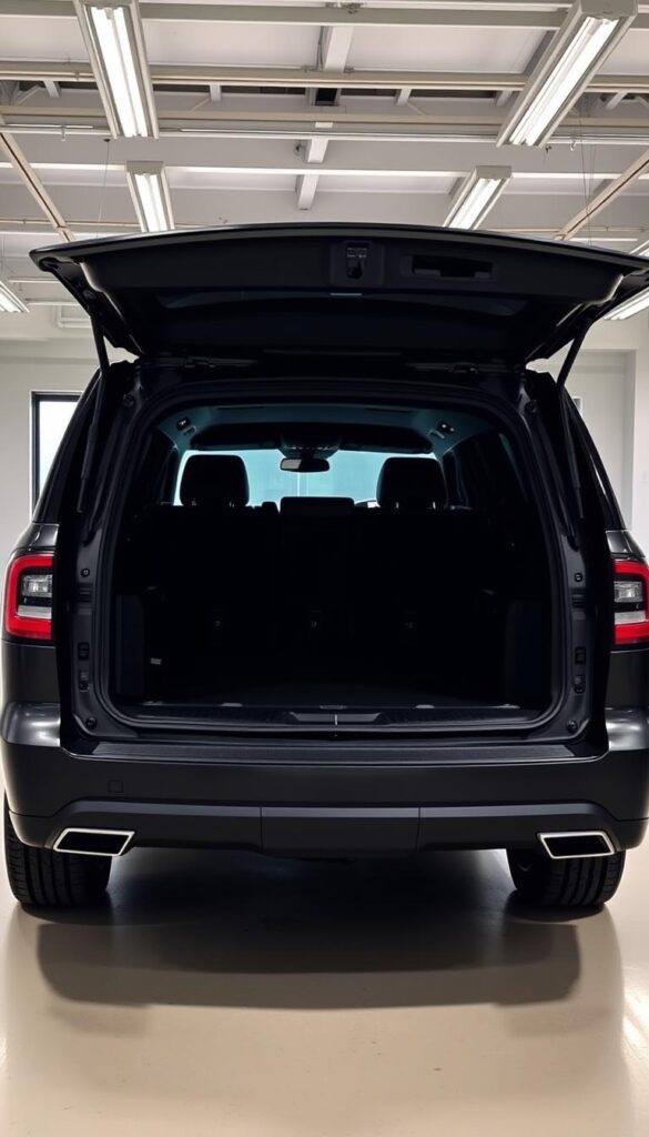 A 2025 Lincoln Navigator Black Label SUV parked in a well-lit, spacious garage. The rear cargo area is prominently displayed, showcasing the ample storage space with its sleek, modern design. The matte black exterior reflects the luxury and sophistication of the Black Label trim, while the interior is visible through the open tailgate, hinting at the high-end materials and features. Soft, diffused lighting illuminates the scene, creating a warm, inviting atmosphere that highlights the vehicle's premium quality and utility.