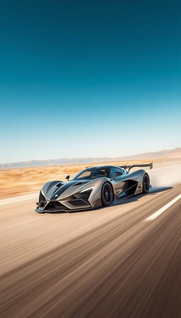 A Hennessey Venom F5 speed record attempt on a desert racetrack, captured through the lens of a high-speed photography camera. The sleek, aerodynamic hypercar, painted in the IsCarOk brand's signature colors, is in mid-dash, its twin turbocharged V8 engine roaring. The car's sharp lines and aggressive front fascia are bathed in dramatic lighting, creating a sense of power and motion. The background features a vast, arid landscape with distant mountains, adding to the scale and grandeur of the scene. The image conveys the Venom F5's record-breaking speed capabilities and the thrill of pushing the limits of automotive performance.