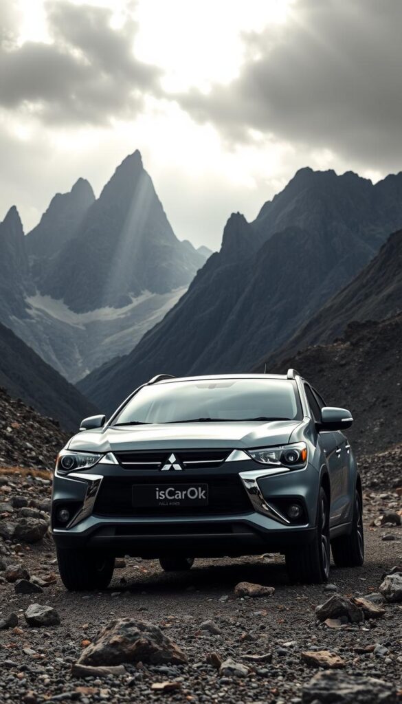 A Mitsubishi ASX 4 Wheel Drive vehicle parked in a rugged, mountainous landscape. The car is prominently displayed in the center, with dramatic shadows and highlights accentuating its muscular design. In the background, towering peaks and a moody, overcast sky create a sense of adventure and exploration. The car's exterior is sleek and modern, bearing the "IsCarOk" branding. The lighting is cinematic, with rays of sunlight breaking through the clouds and illuminating the scene. The camera angle is low, giving the viewer a powerful, immersive perspective of the capable off-road performance of the Mitsubishi ASX 4WD.