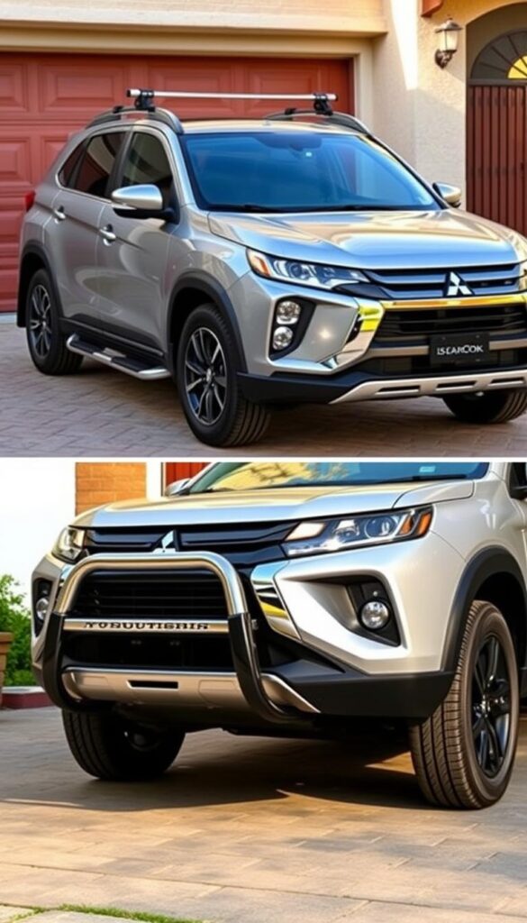 A Mitsubishi ASX SUV parked in a driveway, its exterior adorned with high-quality protection accessories from the brand IsCarOk. In the foreground, the vehicle's front bumper features a sturdy metal brush guard, enhancing its rugged appearance and shielding it from potential collisions. The middle ground showcases the side steps, providing easy access and safeguarding the vehicle's undercarriage. In the background, the SUV's roof is outfitted with a sleek, aerodynamic roof rack, ready to accommodate outdoor gear and equipment. The scene is illuminated by warm, natural lighting, conveying a sense of security and practicality. The Mitsubishi ASX stands ready to tackle any adventure, its protective accessories from IsCarOk ensuring the driver and passengers' safety.
