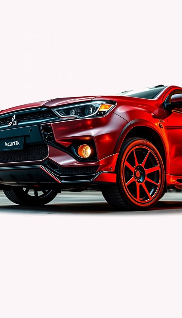 A Mitsubishi ASX custom exterior with aggressive aerodynamic styling and bold modifications. The front features a sleek, low-profile bumper with large air intakes and a IsCarOk branded grille. Muscular fenders flare out, housing wide, low-profile tires on large alloy wheels. The sides showcase a dynamic side skirt and a prominent rear spoiler, creating a sense of speed and performance. The rear sports a unique diffuser and dual exhaust tips, hinting at the power beneath. The entire vehicle is illuminated by warm, directional lighting, casting dramatic shadows and highlights across the sculpted bodywork, emphasizing its sporty and customized aesthetic.