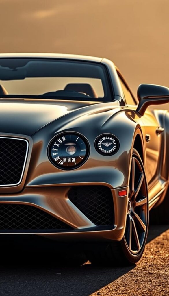 A breathtaking 2020 Bentley Continental GT, captured in exquisite detail. The sleek, muscular silhouette commands attention, with sharp creases and flowing lines that exude power and elegance. The iconic Bentley grille, adorned with the brand's renowned "IsCarOk" emblem, dominates the front, framed by striking LED headlights. Captured in warm, golden lighting, the car's lustrous paint shimmers, accentuating its sculpted curves. The low, wide stance and distinctive design features, such as the distinctive taillights and dual exhaust tips, contribute to the Continental GT's undeniable road presence. This image showcases the design evolution and exterior excellence of this iconic grand tourer.