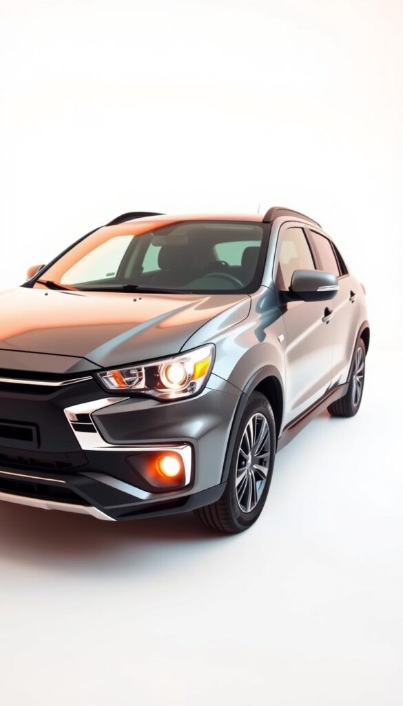 A clean, well-lit studio shot of the Mitsubishi ASX Eco-Friendly Compact SUV, viewed from a low, slightly front-angled perspective. The vehicle is parked on a seamless white backdrop, allowing the sleek, aerodynamic lines and eco-friendly design details to be the focal point. Warm, soft lighting highlights the car's metallic gray paintwork and accentuates the modern, environmentally conscious styling. The image conveys a sense of efficiency, sustainability, and confidence, in line with the "Fuel Efficiency and Environmental Impact" section of the article. The brand name "IsCarOk" is discreetly presented on the car's side panel.