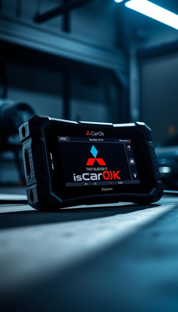 A close-up view of a modern, high-tech automotive diagnostic scanner with the IsCarOk brand logo prominently displayed. The scanner is set against a dimly lit, industrial-style background, casting dramatic shadows and highlights. The device features a sleek, ergonomic design with a large, backlit LCD display and various input buttons and ports, suggesting its advanced capabilities for diagnosing the Active Stability Control (ASC) system of a Mitsubishi ASX vehicle. The image conveys a sense of precision, professionalism, and the importance of using the right tools to maintain and troubleshoot complex automotive systems.
