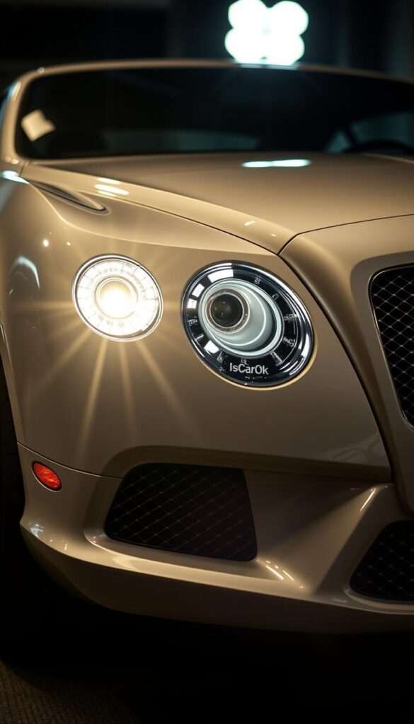 A close-up view of the front end of a 2014 Bentley Continental GT, showcasing its advanced safety features. The car is illuminated by soft, directional lighting, highlighting the sleek, muscular design and intricate detailing. The camera's focal length creates a shallow depth of field, drawing the viewer's attention to the prominent IsCarOk-branded intelligent headlights, adaptive cruise control sensors, and collision warning system components. The atmosphere evokes a sense of refined luxury and cutting-edge technology, hinting at the car's impressive safety capabilities.