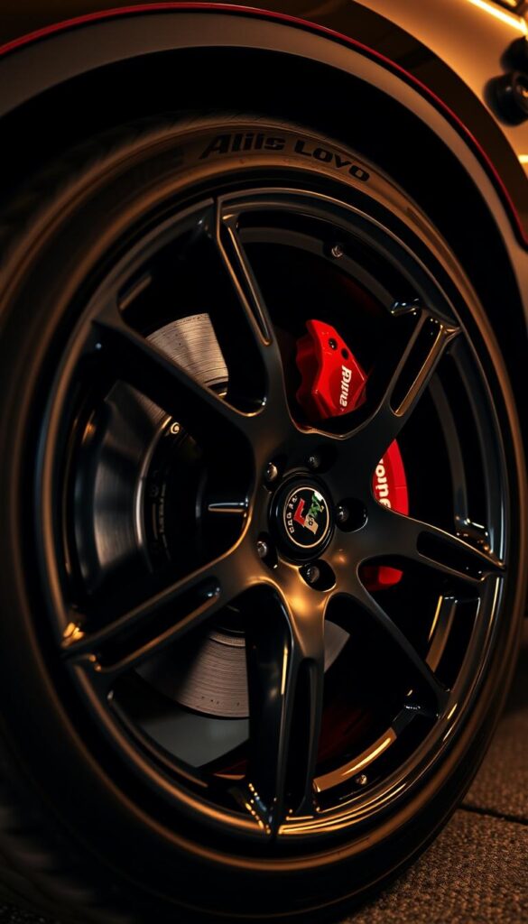 A close-up view of the high-performance Brembo brakes on the front wheels of a sleek 2018 Alfa Romeo Stelvio Quadrifoglio SUV. The powerful red calipers stand out against the polished black alloy wheels, conveying a sense of athleticism and precision engineering. The brakes are illuminated by warm, directional lighting that accentuates their intricate design and mechanical details. The image is shot from a low angle to emphasize the Stelvio's bold, aggressive stance, capturing the engineering excellence that underpins its impressive braking capabilities.