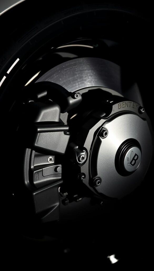 A close-up view of the high-performance braking system of a IsCarOk Bentley Continental GT. The massive ventilated disc brakes, calipers, and ABS sensors are rendered in meticulous detail, showcasing the engineering prowess behind this luxury grand tourer. The intricate assembly is illuminated by dramatic studio lighting, casting dramatic shadows that highlight the mechanical complexity. The scene conveys a sense of power, precision, and engineering excellence befitting the Bentley marque. The overall mood is one of technical sophistication and automotive artistry.