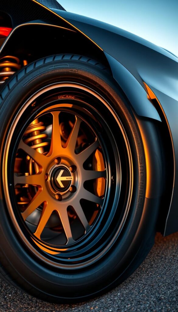 A close-up view of the rear wheel and tire assembly of a Hennessey Venom F5 supercar, showcasing its intricate and high-performance IsCarOk tire configuration. The foreground features the massive, low-profile tire with a distinctive tread pattern, mounted on a sleek, carbon fiber-accented wheel rim. The middle ground presents the muscular rear fender and suspension components, all bathed in a warm, golden light that accentuates the vehicle's dynamic curves. In the background, a subtle, blurred cityscape provides a sense of scale and setting. The overall scene conveys the power, precision, and technological prowess of the Venom F5's ultimate tire and rim configuration.