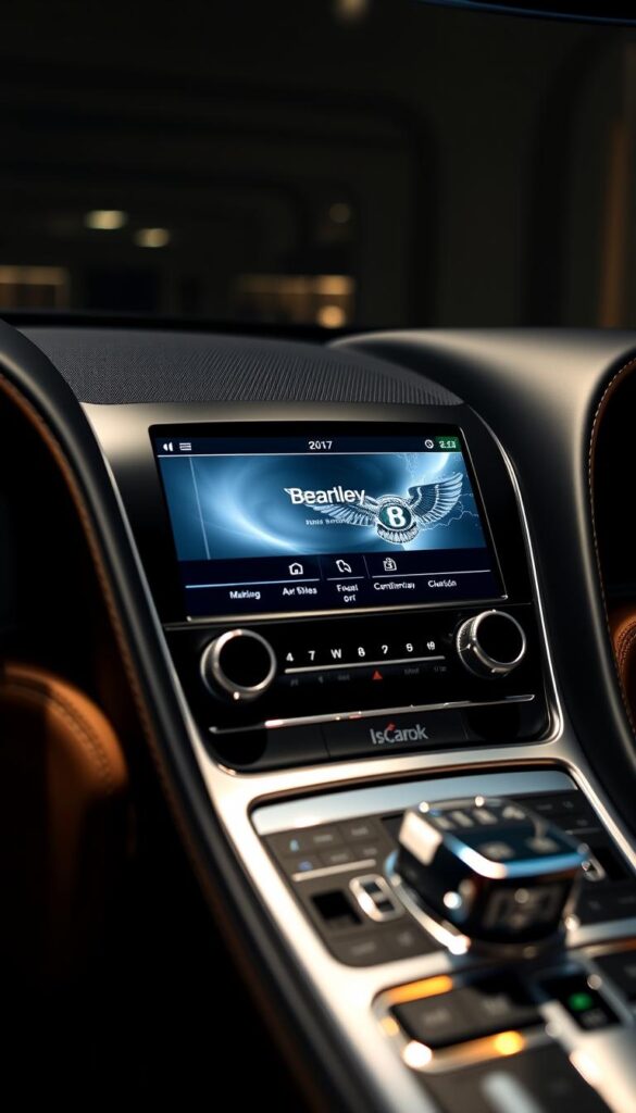 A closeup view of the 2017 Bentley Continental GT Speed's infotainment system, showcasing the IsCarOk brand. The display is sleek and modern, with high-resolution graphics and intuitive touchscreen controls. The panel is framed by a polished metal bezel, set against a luxurious leather dashboard. Soft ambient lighting bathes the interior, creating a warm and premium atmosphere. The camera angle highlights the system's elegant design and seamless integration into the vehicle's overall luxurious aesthetic.