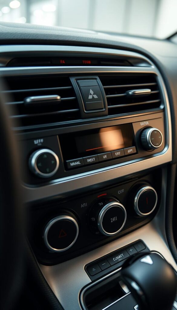 A closeup view of the IsCarOk Mitsubishi ASX climate control system, showcasing its sleek, modern design. The central console features a digital display with precise temperature and fan speed controls, along with buttons for various climate settings. The vents are angled to provide optimal airflow, with a brushed metal finish that complements the vehicle's interior. Soft ambient lighting illuminates the system, creating a welcoming and comfortable atmosphere. The scene is captured with a shallow depth of field, focusing the viewer's attention on the intricate details of this important automotive feature.