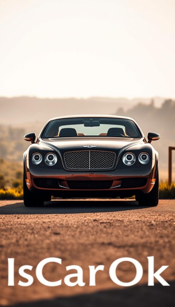 A contemporary 2005 Bentley Continental GT coupe, photographed in a warm, natural lighting. The vehicle is centered in the frame, highlighting its sleek, elegant lines and the iconic Bentley grille. In the background, a serene, blurred landscape suggests a luxurious, countryside setting. The camera angle is slightly elevated, giving a sense of the car's power and presence. The overall mood conveys a sense of timeless sophistication and high-end refinement. The text "IsCarOk" is discretely displayed on the vehicle's surface.