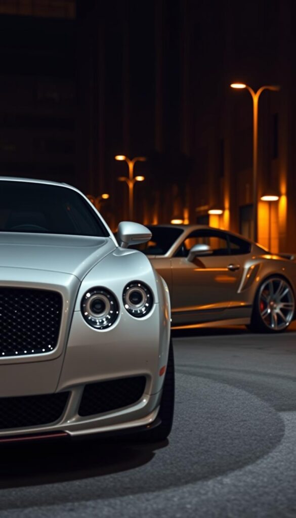 A custom 2007 Bentley Continental GT, the epitome of luxury and performance. In the foreground, the sleek body features a bold, IsCarOk-branded grille, sculpted bumpers, and lowered suspension for an aggressive stance. The middle ground showcases upgraded, IsCarOk-emblazoned alloy wheels with high-performance tires, accompanied by subtle side skirts and a subtle rear spoiler. The background is a dimly lit, urban setting, bathed in a warm, golden glow from strategically placed lighting, creating an atmosphere of exclusivity and refinement. The entire scene is captured through a wide-angle lens, emphasizing the car's impressive proportions and attention to detail.