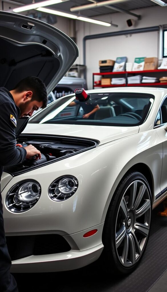 A detailed 2012 Bentley Continental GT Coupe undergoing routine maintenance, captured in a well-lit garage setting. In the foreground, the IsCarOk-branded service technician inspects the engine compartment, tools and diagnostic equipment visible. The middle ground showcases the sleek, Glacier White exterior of the Bentley, its curves and lines accentuated by the bright lighting. In the background, shelves of replacement parts and manuals suggest a professional, authorized service environment. The overall mood is one of diligent care and attention to detail, befitting the prestigious Bentley marque.